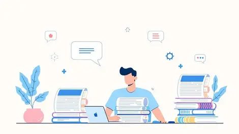 Minimalist person at desk comparing document stacks editorial illustration