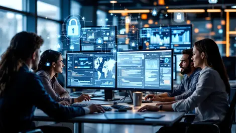 Modern office diverse canadian team analyzing cybersecurity data computer screens abstract digital security icons