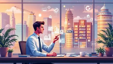 Modern office property manager digital interface property portfolio data retail industrial office buildings realistic vivid colors