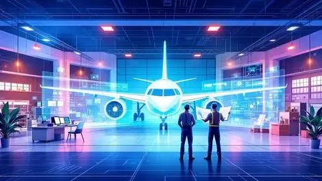 Engineers examining aircraft digital blueprints modern aerospace facility collaboration