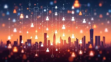 Abstract digital illustration matrix interconnected human machine icons digital identities australian cityscape cybersecurity ai environment