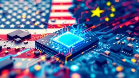 Geopolitical standoff semiconductor chips us china flags circuit boards ai race