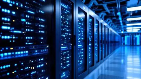 Modern data center servers blue led indicators network cables tech infrastructure