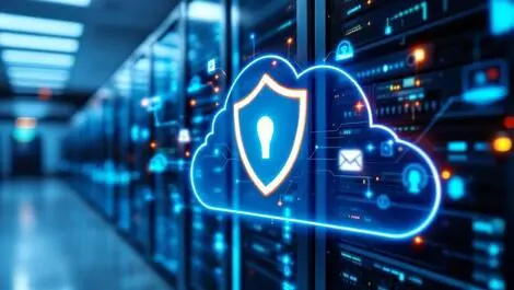 Realistic photo computer server room digital shield cloud icons security cloud environments