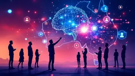 Human silhouettes interacting with glowing ai brain in australia network