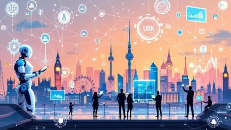 Realistic uk city skyline digital networks ai robotics business interaction