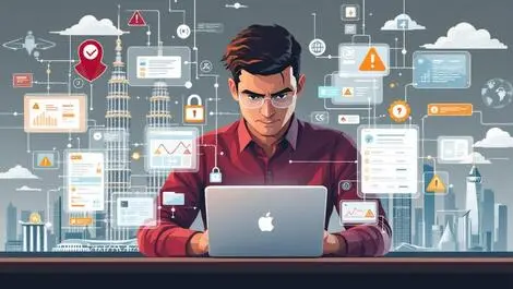 Cybersecurity professional analyzing encrypted data with apac landmarks fighting online fraud