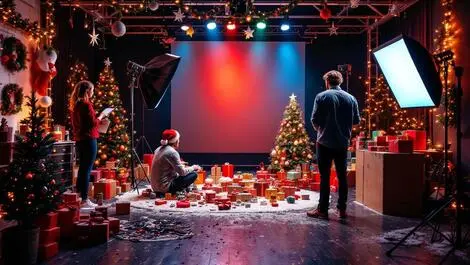 Festive studio scene photographers creatives arranging christmas props