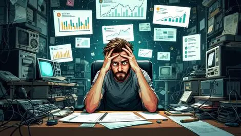 Stressed marketer cluttered desk old tech tangled cables social media notifications