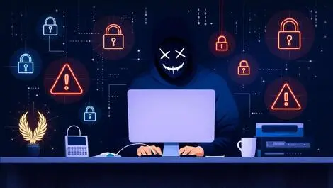 Masked figure at computer digital locks warning icons binary code cyber attack threat
