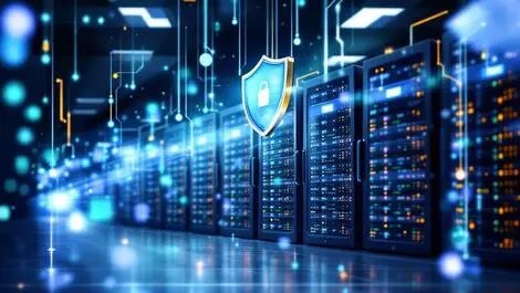 Secure modern server room with data streams illustration data protection