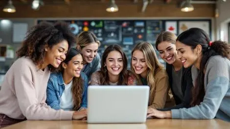 Seven canadian women collaborating around laptop university computer science maple leaf