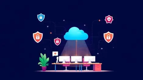 Small business office computers connected to cloud with security shields