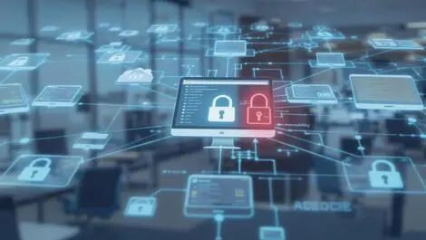 Realistic computer network connected devices unlocked padlock weak cybersecurity financial supply chains