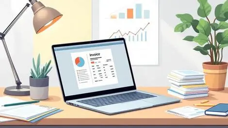 Clean illustration open laptop professional reviewing invoices spreadsheets