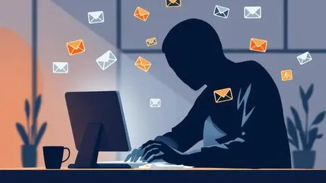 Shadowy figure at computer floating email icons warning scandinavian corporate