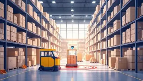 Realistic modern warehouse interior mobile cart camera sensors scanning