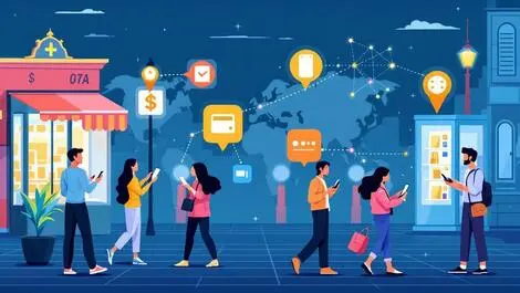 Illustration people asian european using smartphones mobile payments wallets global connectivity