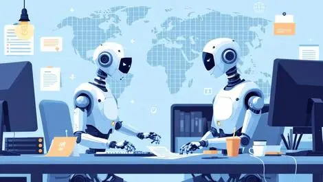 Humanoid robots managing office desks payroll hr global connectivity map