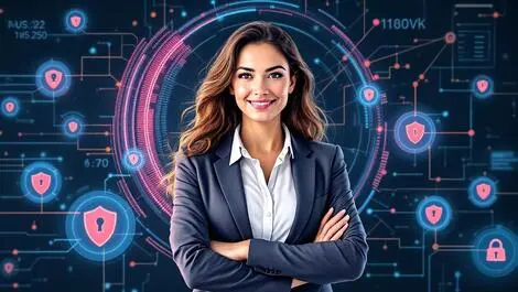 Confident professional woman cybersecurity leadership digital shields network