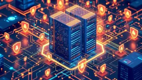 Computer servers digital shields ai circuits glowing connections cybersecurity