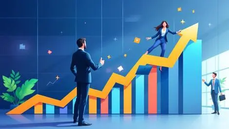 Upward trending financial chart business professionals shaking hands successful partnerships modern office