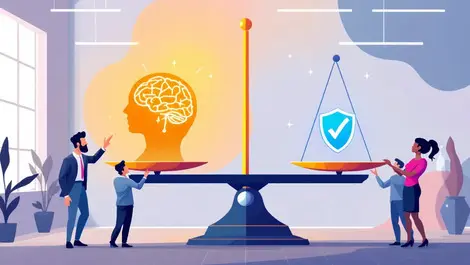 Businesspeople balancing glowing ai brain and ethical symbols in office