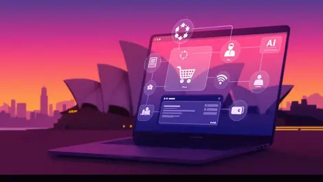 Laptop browser online shopping payment ai icons sydney opera house