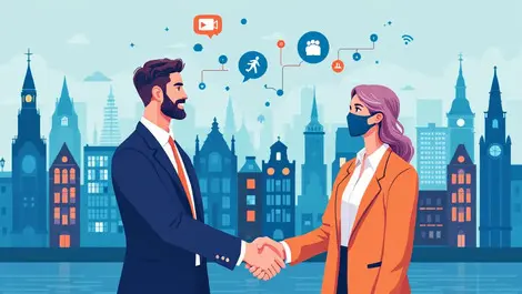 Business acquisition amsterdam cityscape two people handshake digital icons