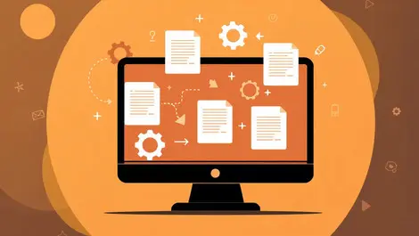 Computer screen processing documents with automation gears arrows and network icons