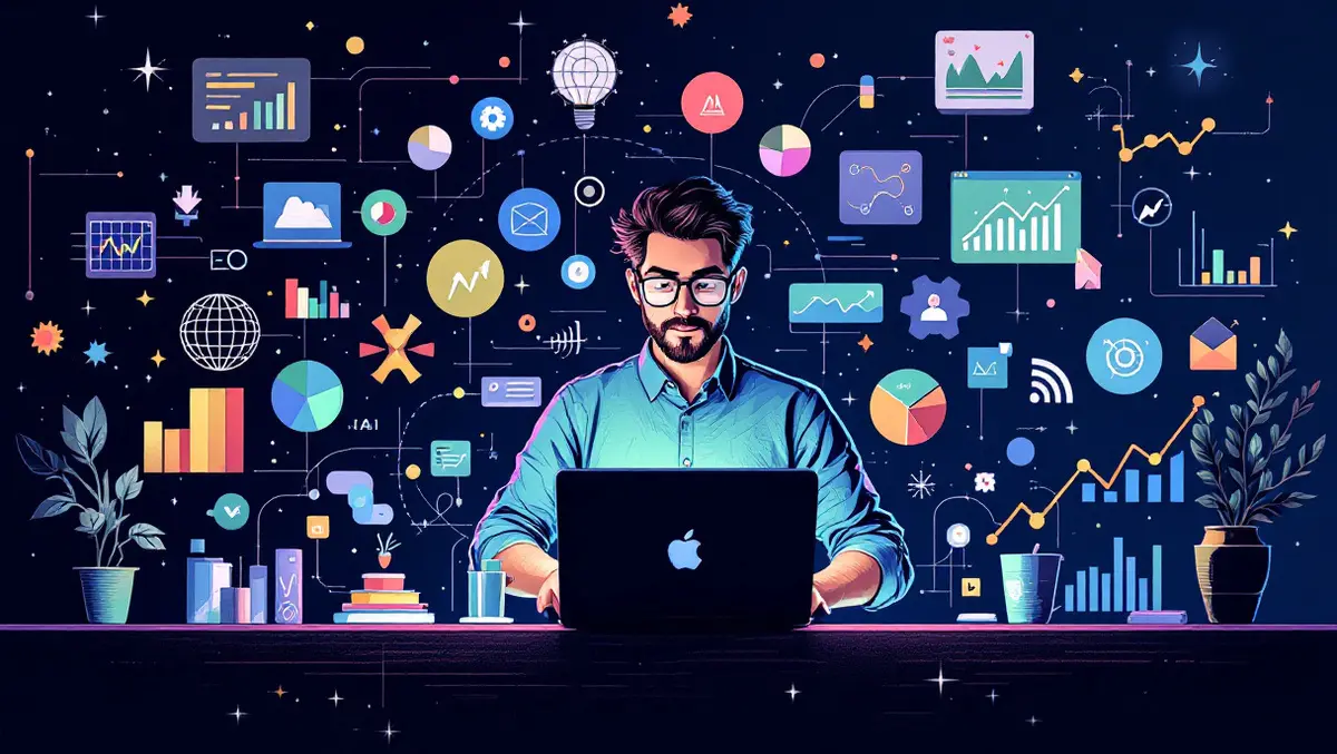 Digital illustration marketer laptop abstract shapes ai powered advertising creative tools