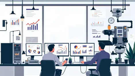 Australian office workers analyzing charts data on computer monitors with automation