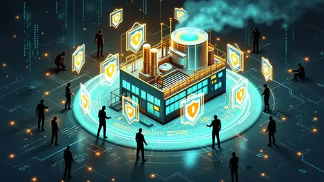 Manufacturing factory digital shields binary code cyber threats defense