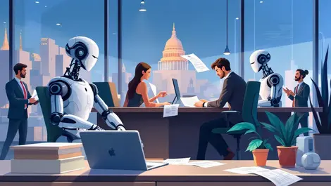 Modern law firm office with people and robots handling legal workflows ai integration