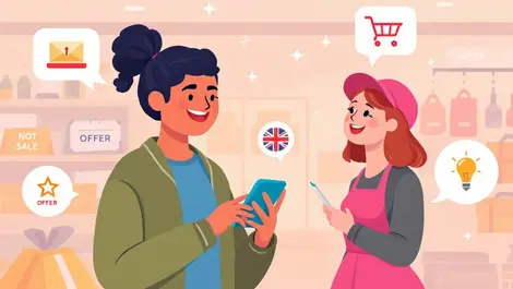 Uk shopper using smartphone in store with personalised offers icons