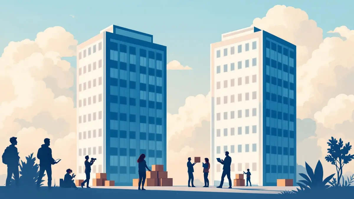 Business office buildings merging employees leaving creators thriving