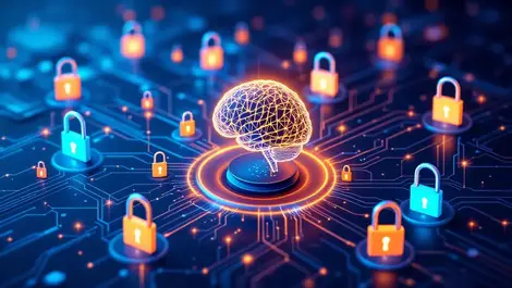 Interconnected data servers ai brain icons secure digital locks enterprise data governance ai security