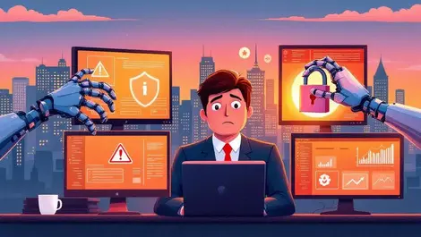 Worried businessperson warning screens robotic hand lock canadian cityscape