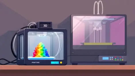 Detailed illustration small desktop 3d printer printing colorful object vs large industrial