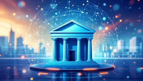 Modern bank building with digital data streams ai network patterns innovation