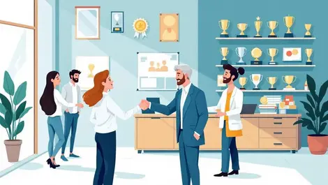 Office employees handshaking celebrating awards trophies recognition achievement