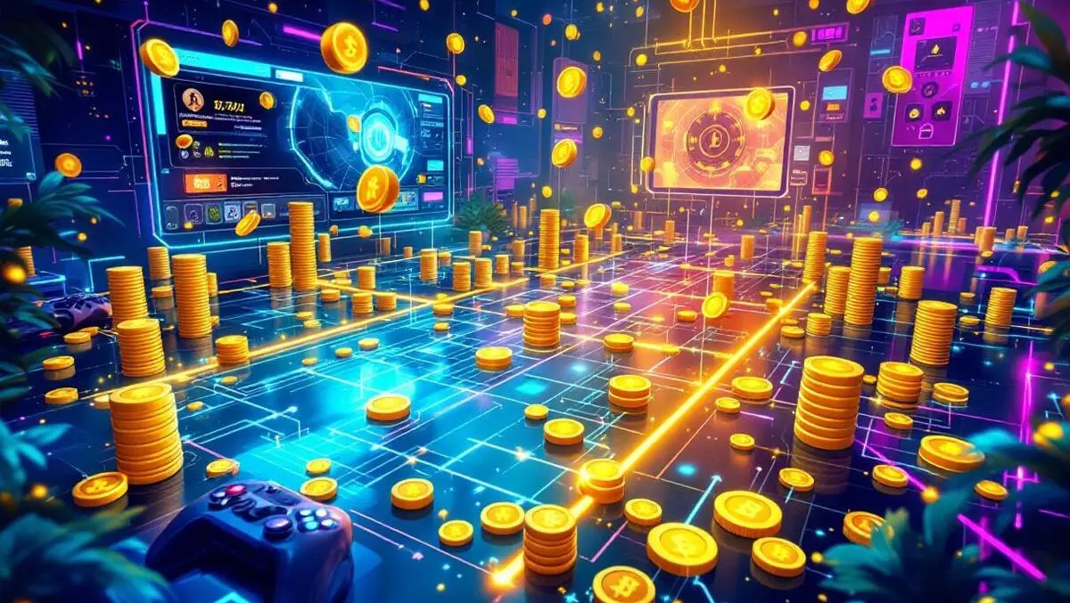 Vibrant digital gaming scene with blockchain funding technology nodes