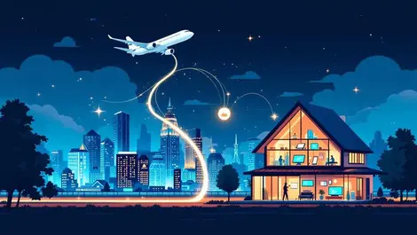 Airplane flying over canadian city skyline glowing path to modern smart home