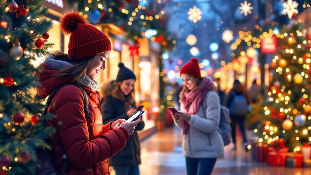 Canadian holiday shoppers using smartphones browsing gift ideas cozy mall