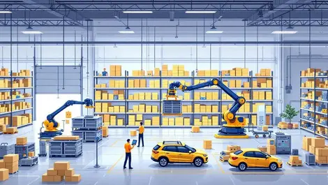 Automated warehouse robotic systems moving containers to workstations modern