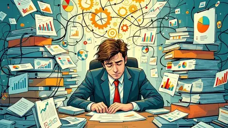 Business executive overwhelmed by data silos with tangled charts graphs