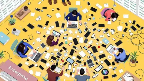 Cluttered office illustration multiple mobile devices laptops tablets