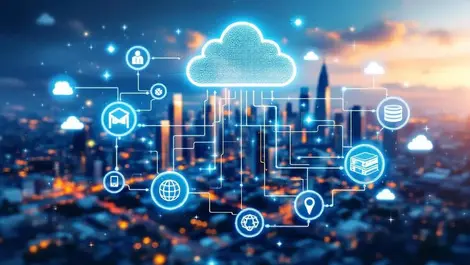 Digital illustration servers cloud icons interconnected melbourne cityscape data integration