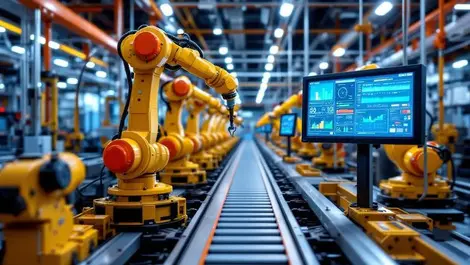 Modern industrial manufacturing line robotic arms conveyor belts central control