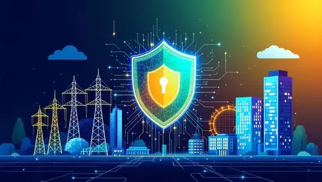 Secure digital shield protecting uk infrastructure icons energy servers buildings